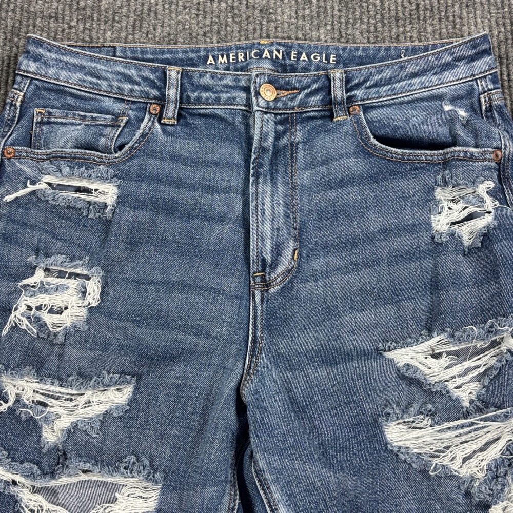 American Eagle Mom Jean Women 14 Blue Distressed High Rise Stretch Denim